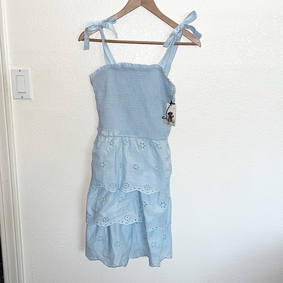 Sincerely Jules Light Blue Smocked Tiered Floral Tank Top Tie Strap Mini Dress - Picture 1 of 9